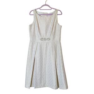 Eliza J Cream Gold Jacquard Fit & Flare Pleated Dress 12 Embellished Old Money